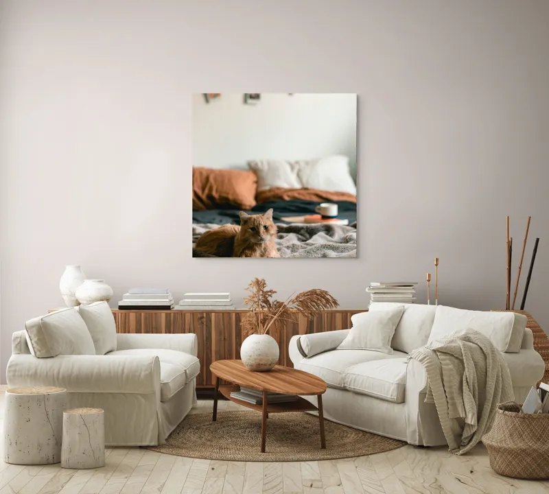 Tablou Canvas, "Pisică relaxată într-o dimineață liniștită", Pisică, Pătură, Pernă, Cești, Cameră, Calm, Confort, Relaxare, 100 x 100 cm – poza 3