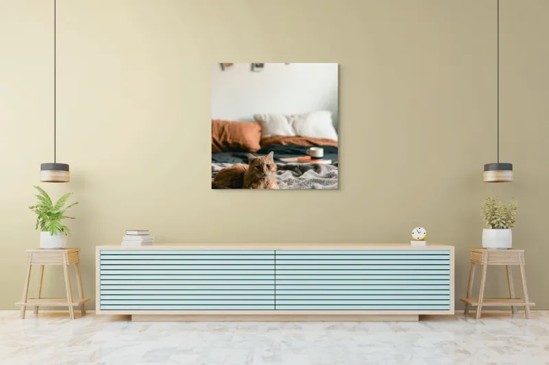 Tablou Canvas, "Pisică relaxată într-o dimineață liniștită", Pisică, Pătură, Pernă, Cești, Cameră, Calm, Confort, Relaxare, 100 x 100 cm – poza 5