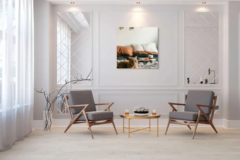 Tablou Canvas, "Pisică relaxată într-o dimineață liniștită", Pisică, Pătură, Pernă, Cești, Cameră, Calm, Confort, Relaxare, 100 x 100 cm – poza 7