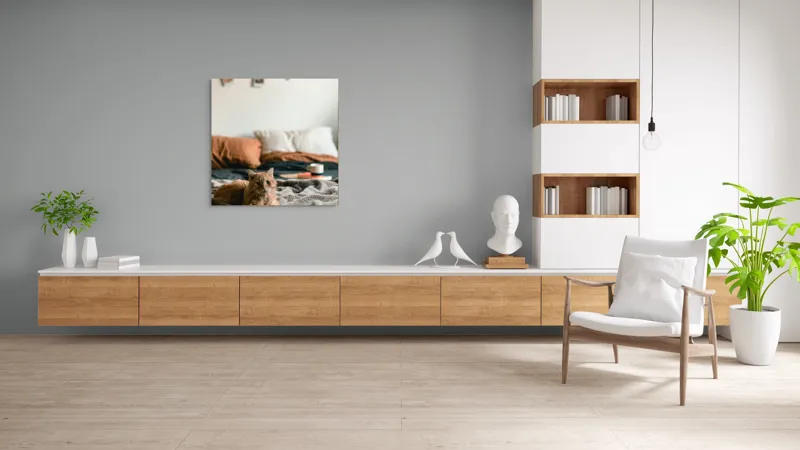 Tablou Canvas, "Pisică relaxată într-o dimineață liniștită", Pisică, Pătură, Pernă, Cești, Cameră, Calm, Confort, Relaxare, 100 x 100 cm – poza 8