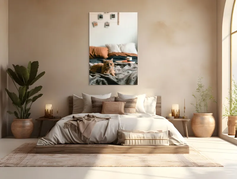 Tablou Canvas, "Pisică relaxată într-o dimineață liniștită", Pisică, Pătură, Pernă, Cești, Cameră, Calm, Confort, Relaxare, 100 x 150 cm – poza 3