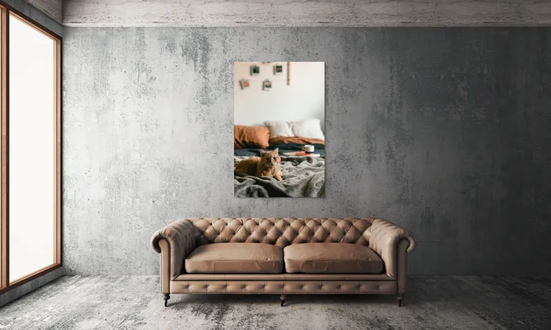 Tablou Canvas, "Pisică relaxată într-o dimineață liniștită", Pisică, Pătură, Pernă, Cești, Cameră, Calm, Confort, Relaxare, 100 x 150 cm – poza 6