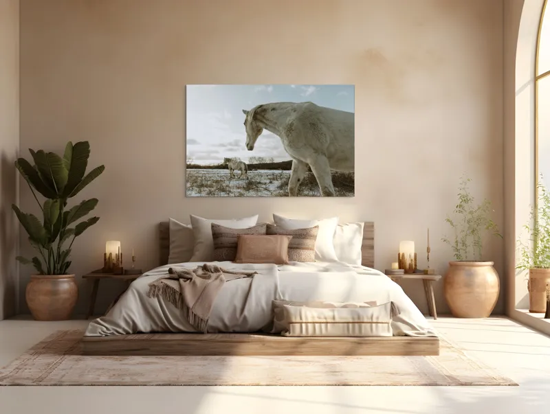 Tablou Canvas, "Cai albi pe întinderea iernii", Cai, Zăpadă, Câmp, Cer, Norii., 150 x 100 cm – poza 4