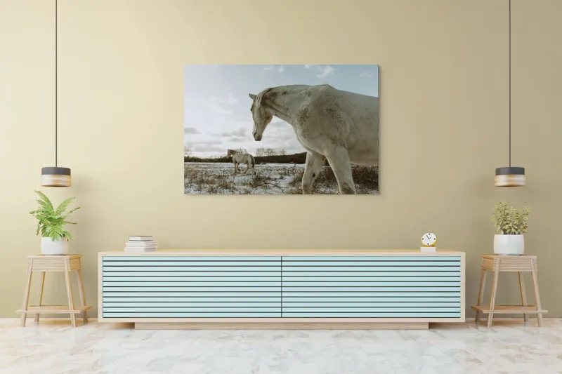 Tablou Canvas, "Cai albi pe întinderea iernii", Cai, Zăpadă, Câmp, Cer, Norii., 150 x 100 cm – poza 6