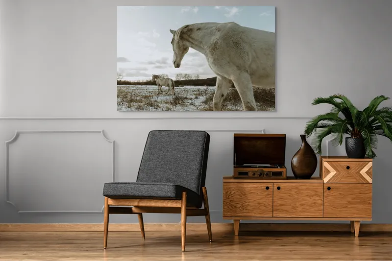 Tablou Canvas, "Cai albi pe întinderea iernii", Cai, Zăpadă, Câmp, Cer, Norii., 150 x 100 cm – poza 8