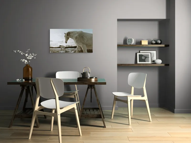 Tablou Canvas, "Cai albi pe întinderea iernii", Cai, Zăpadă, Câmp, Cer, Norii., 90 x 50 cm – poza 3