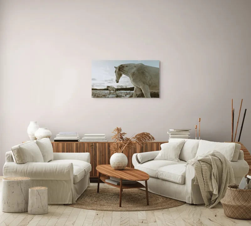 Tablou Canvas, "Cai albi pe întinderea iernii", Cai, Zăpadă, Câmp, Cer, Norii., 90 x 50 cm – poza 4