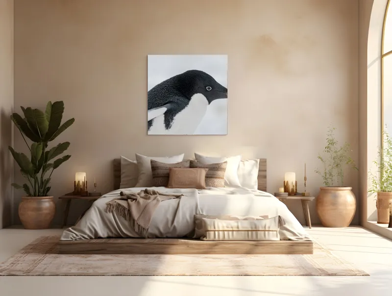 Tablou Canvas, "Pinguin în peisaj de zăpadă albăstruie", Pinguin, Alb, Negru, Ochi, Zăpadă, 100 x 100 cm – poza 4