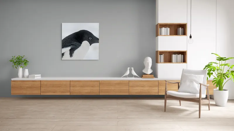 Tablou Canvas, "Pinguin în peisaj de zăpadă albăstruie", Pinguin, Alb, Negru, Ochi, Zăpadă, 100 x 100 cm – poza 8