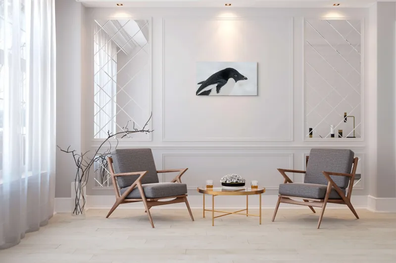 Tablou Canvas, "Pinguin în peisaj de zăpadă albăstruie", Pinguin, Alb, Negru, Ochi, Zăpadă, 90 x 50 cm – poza 7