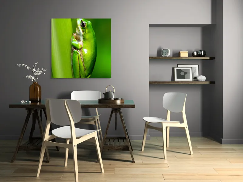 Tablou Canvas, "Broasca odihnindu-se pe o tulpină", Verde, Broască, Frunză, Natură, Agățată, Ochi, Textură, Mediu., 100 x 100 cm – poza 6