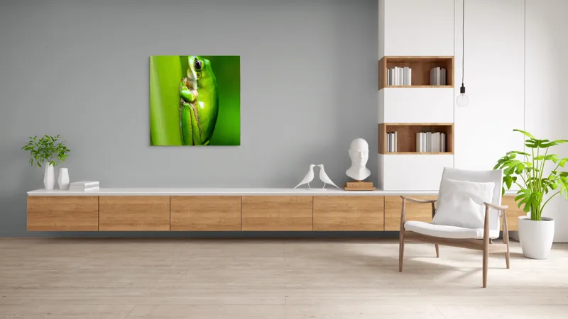 Tablou Canvas, "Broasca odihnindu-se pe o tulpină", Verde, Broască, Frunză, Natură, Agățată, Ochi, Textură, Mediu., 100 x 100 cm – poza 8