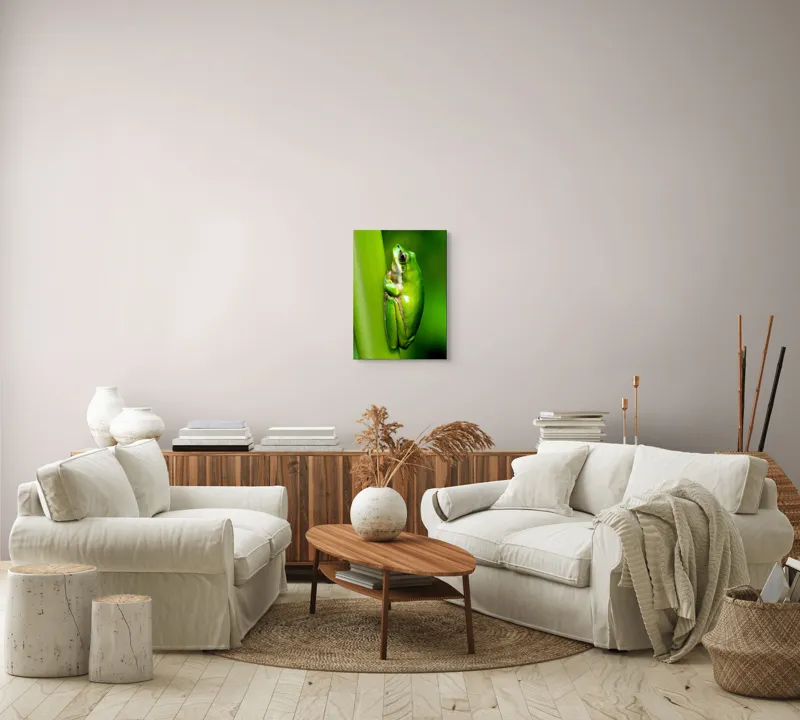 Tablou Canvas, "Broasca odihnindu-se pe o tulpină", Verde, Broască, Frunză, Natură, Agățată, Ochi, Textură, Mediu., 39 x 54 cm – poza 5