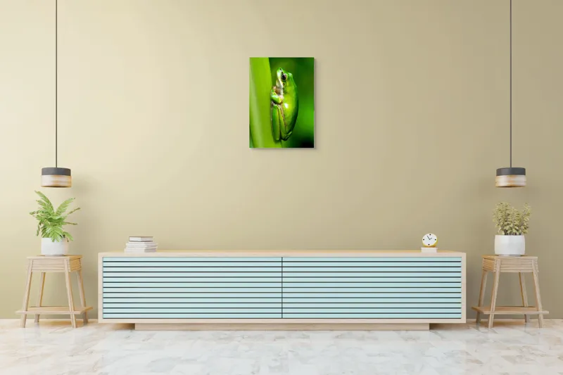 Tablou Canvas, "Broasca odihnindu-se pe o tulpină", Verde, Broască, Frunză, Natură, Agățată, Ochi, Textură, Mediu., 50 x 70 cm – poza 6