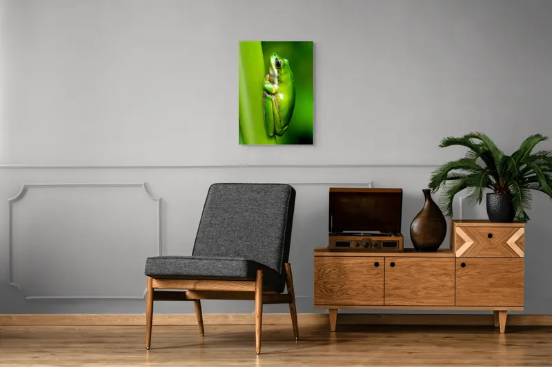 Tablou Canvas, "Broasca odihnindu-se pe o tulpină", Verde, Broască, Frunză, Natură, Agățată, Ochi, Textură, Mediu., 50 x 70 cm – poza 8