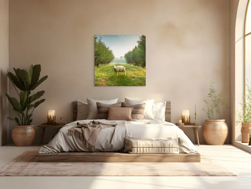 Tablou Canvas, "Oaia singuratică în pădurea deasă", Oi, Iarbă, Copaci, Cer, Natură, Răsărit, Pășune, Liniște, Verdeață, Câmpie, 100 x 100 cm – poza 4