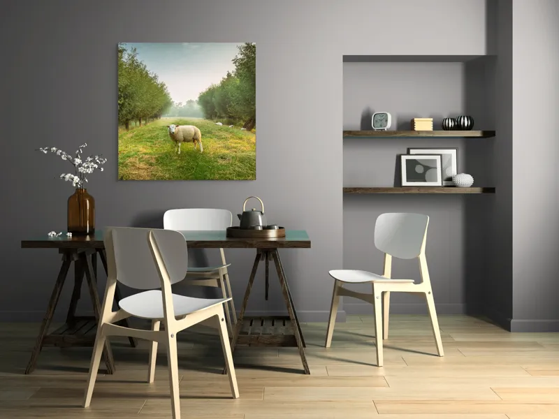 Tablou Canvas, "Oaia singuratică în pădurea deasă", Oi, Iarbă, Copaci, Cer, Natură, Răsărit, Pășune, Liniște, Verdeață, Câmpie, 100 x 100 cm – poza 6