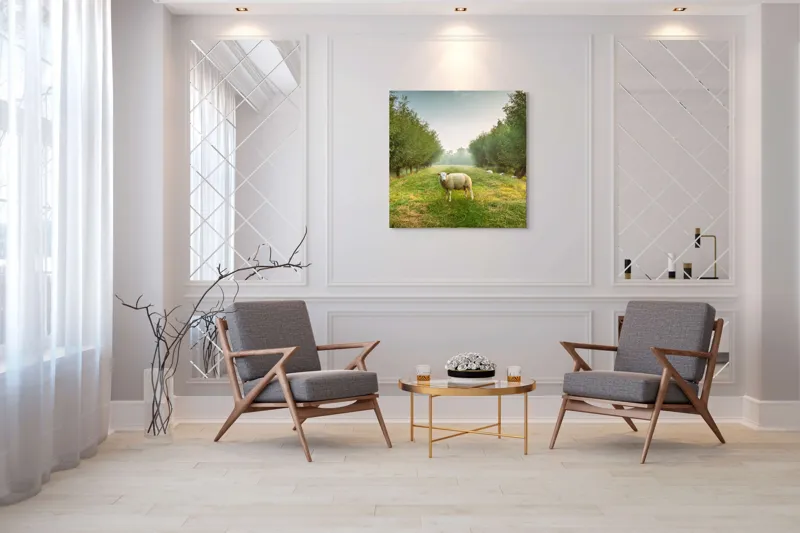 Tablou Canvas, "Oaia singuratică în pădurea deasă", Oi, Iarbă, Copaci, Cer, Natură, Răsărit, Pășune, Liniște, Verdeață, Câmpie, 100 x 100 cm – poza 7