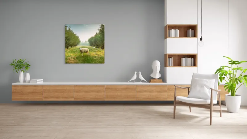 Tablou Canvas, "Oaia singuratică în pădurea deasă", Oi, Iarbă, Copaci, Cer, Natură, Răsărit, Pășune, Liniște, Verdeață, Câmpie, 100 x 100 cm – poza 8