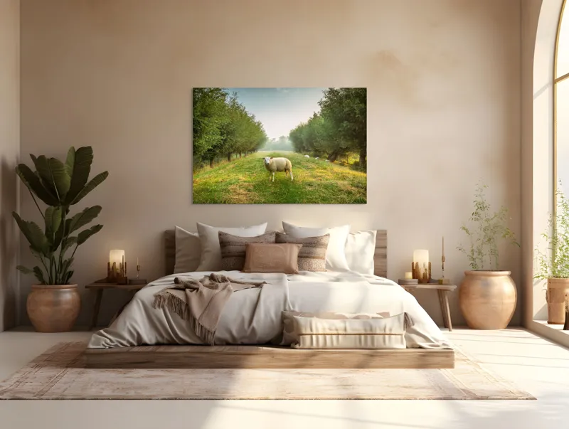 Tablou Canvas, "Oaia singuratică în pădurea deasă", Oi, Iarbă, Copaci, Cer, Natură, Răsărit, Pășune, Liniște, Verdeață, Câmpie, 150 x 100 cm – poza 4
