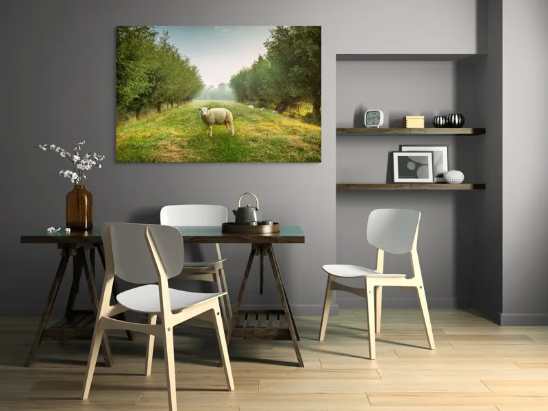 Tablou Canvas, "Oaia singuratică în pădurea deasă", Oi, Iarbă, Copaci, Cer, Natură, Răsărit, Pășune, Liniște, Verdeață, Câmpie, 150 x 100 cm – poza 5