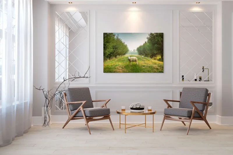 Tablou Canvas, "Oaia singuratică în pădurea deasă", Oi, Iarbă, Copaci, Cer, Natură, Răsărit, Pășune, Liniște, Verdeață, Câmpie, 150 x 100 cm – poza 7
