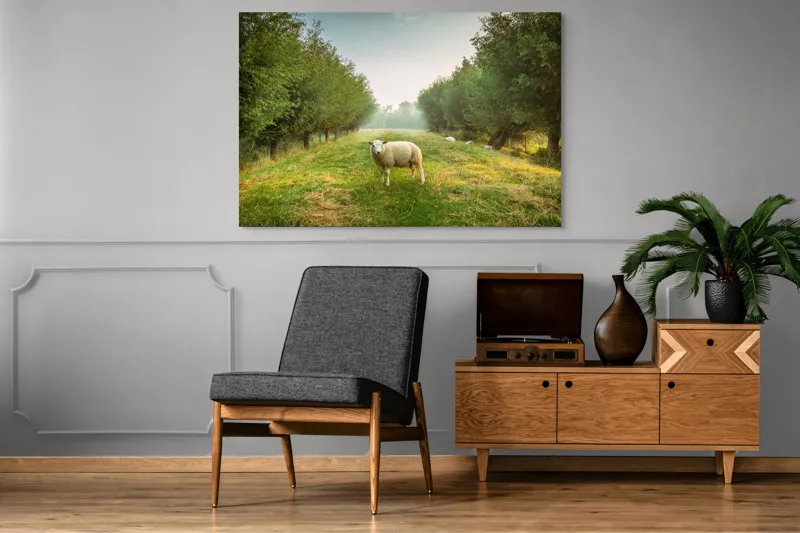 Tablou Canvas, "Oaia singuratică în pădurea deasă", Oi, Iarbă, Copaci, Cer, Natură, Răsărit, Pășune, Liniște, Verdeață, Câmpie, 150 x 100 cm – poza 8