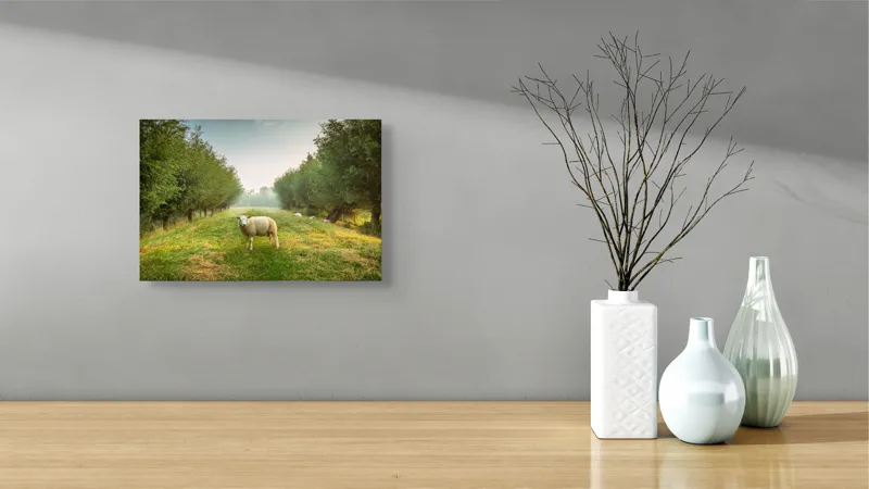 Tablou Canvas, "Oaia singuratică în pădurea deasă", Oi, Iarbă, Copaci, Cer, Natură, Răsărit, Pășune, Liniște, Verdeață, Câmpie, 39 x 26 cm – poza 8