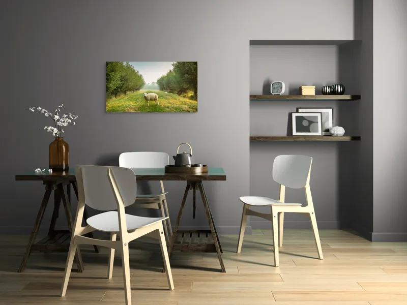 Tablou Canvas, "Oaia singuratică în pădurea deasă", Oi, Iarbă, Copaci, Cer, Natură, Răsărit, Pășune, Liniște, Verdeață, Câmpie, 90 x 50 cm – poza 3