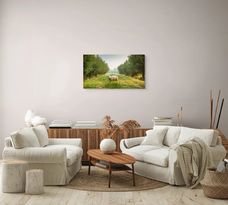 Tablou Canvas, "Oaia singuratică în pădurea deasă", Oi, Iarbă, Copaci, Cer, Natură, Răsărit, Pășune, Liniște, Verdeață, Câmpie, 90 x 50 cm – poza 4