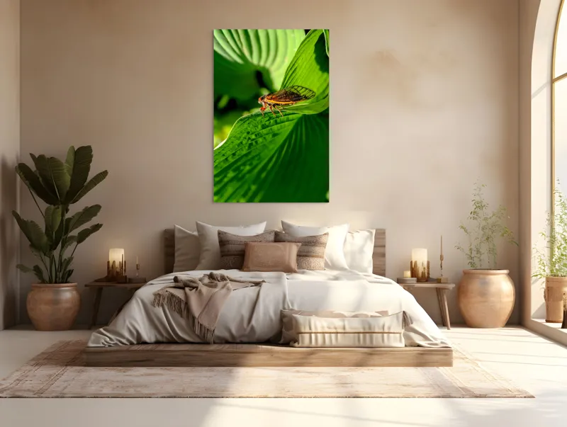 Tablou Canvas, "Cicada odihnindu-se pe frunză verde", Cicada, Frunza, Verde, Aripi, Detaliu, Natură, Lumină, Textură, Contrast, Insectă, 100 x 150 cm – poza 3