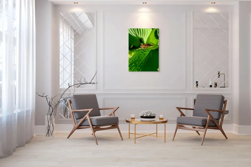 Tablou Canvas, "Cicada odihnindu-se pe frunză verde", Cicada, Frunza, Verde, Aripi, Detaliu, Natură, Lumină, Textură, Contrast, Insectă, 70 x 100 cm – poza 8