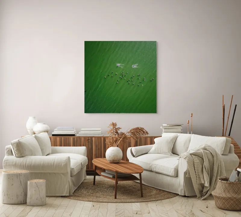 Tablou Canvas, "Dansul păsărilor pe lac verde", 100 x 100 cm – poza 3
