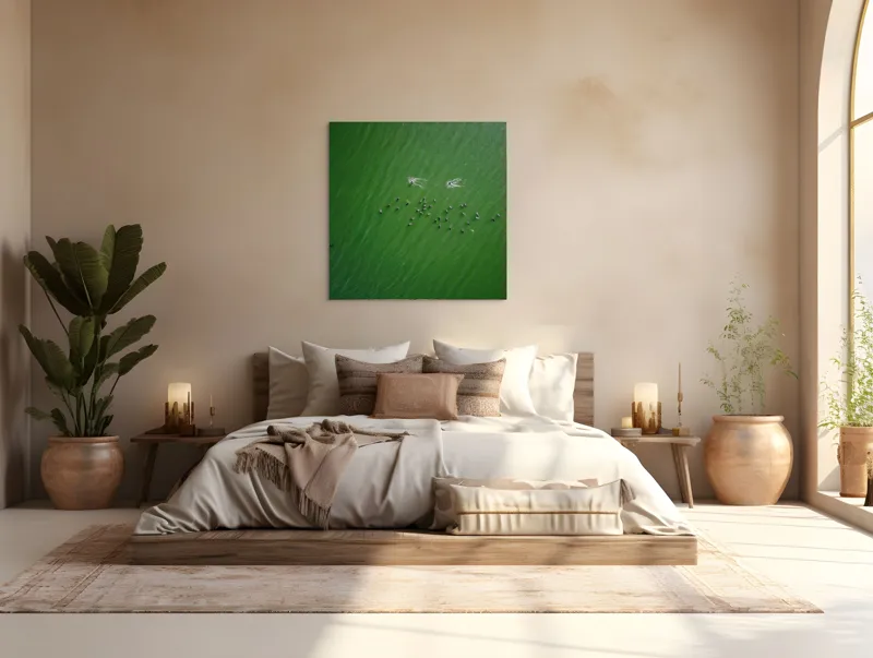 Tablou Canvas, "Dansul păsărilor pe lac verde", 100 x 100 cm – poza 4