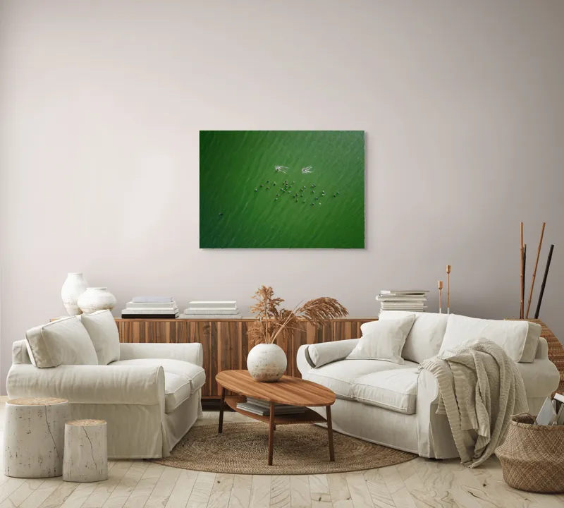 Tablou Canvas, "Dansul păsărilor pe lac verde", 100 x 70 cm – poza 3