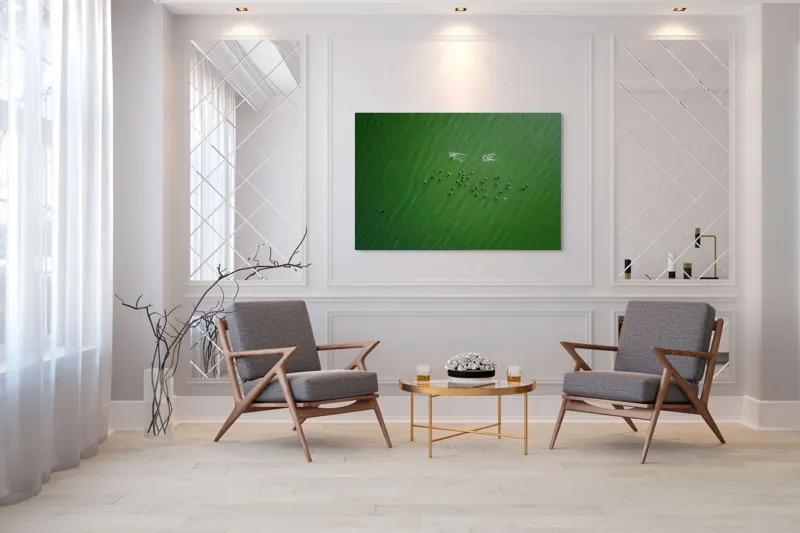 Tablou Canvas, "Dansul păsărilor pe lac verde", Nu știu cine este în imagine., 150 x 100 cm – poza 7