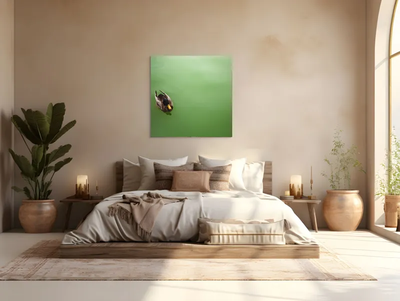 Tablou Canvas, "Rață plutind pe oglinda apei", Rață, Plutind, Apă, Verde, Singurătate, Liniște, Natură, 100 x 100 cm – poza 4