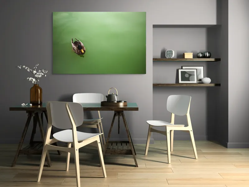 Tablou Canvas, "Rață plutind pe oglinda apei", Rață, Plutind, Apă, Verde, Singurătate, Liniște, Natură, 150 x 100 cm – poza 5