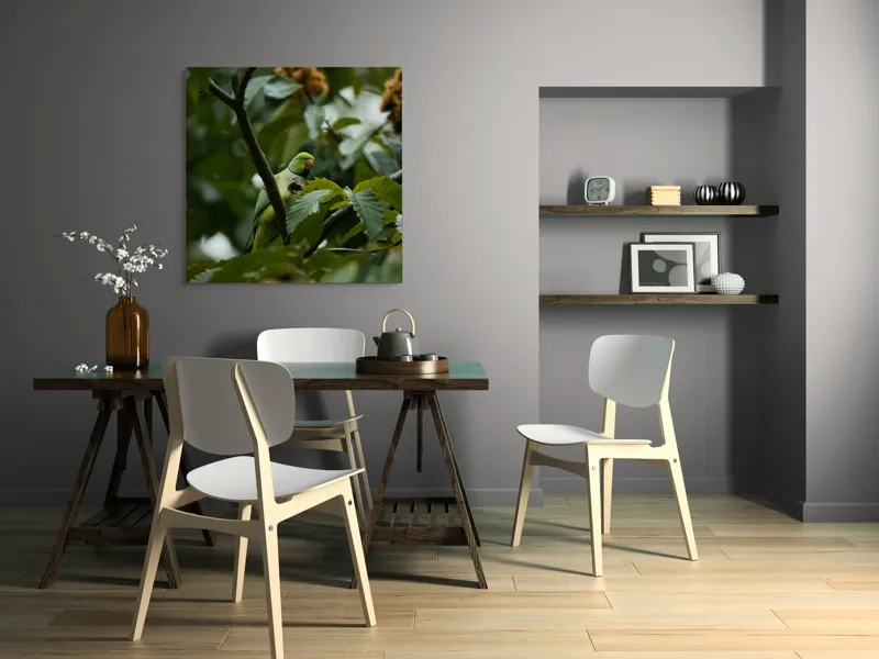 Tablou Canvas, "Papagal verde printre frunzele copacului", Verde, Frunze, Papagal, Crengi, Natură, Pene, Lumină, Copac, 100 x 100 cm – poza 6