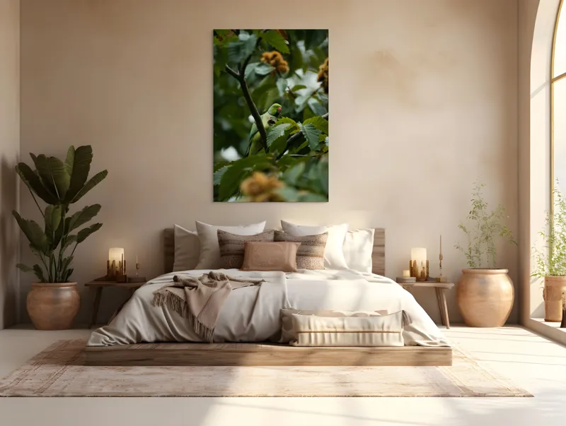 Tablou Canvas, "Papagal verde printre frunzele copacului", Verde, Frunze, Papagal, Crengi, Natură, Pene, Lumină, Copac, 100 x 150 cm – poza 3