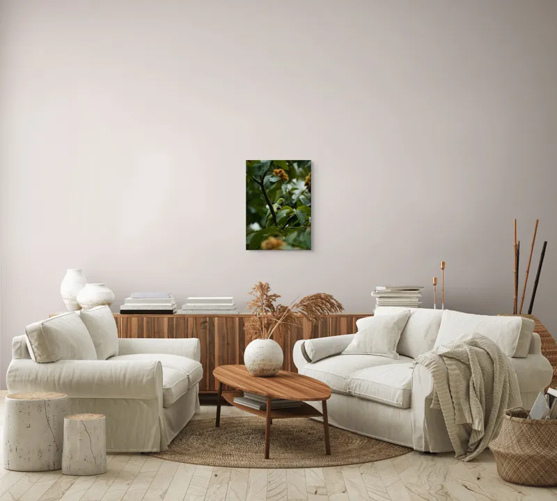 Tablou Canvas, "Papagal verde printre frunzele copacului", Verde, Frunze, Papagal, Crengi, Natură, Pene, Lumină, Copac, 39 x 54 cm – poza 5