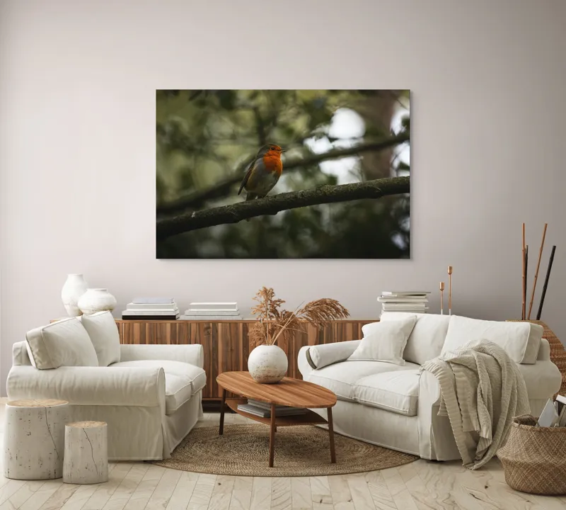 Tablou Canvas, "Micul cântăreț printre ramuri verzi", Pasăre, Roșu, Ramură, Verde, Pene, Defocalizare, Natură, Subtil, Lumină, Contrast., 150 x 100 cm – poza 3