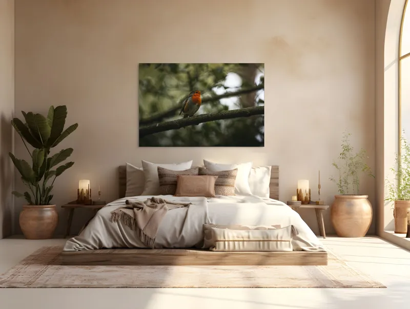 Tablou Canvas, "Micul cântăreț printre ramuri verzi", Pasăre, Roșu, Ramură, Verde, Pene, Defocalizare, Natură, Subtil, Lumină, Contrast., 150 x 100 cm – poza 4