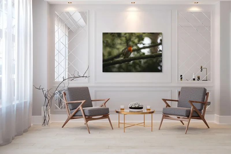 Tablou Canvas, "Micul cântăreț printre ramuri verzi", Pasăre, Roșu, Ramură, Verde, Pene, Defocalizare, Natură, Subtil, Lumină, Contrast., 150 x 100 cm – poza 7
