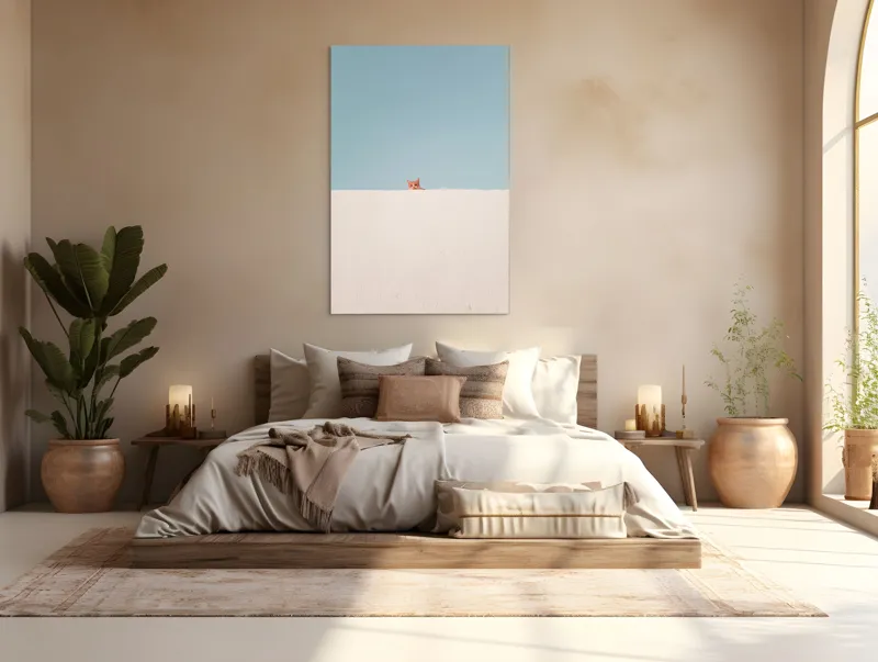 Tablou Canvas, "Pisica și peretele alb curat", Pisică, Curioasă, Zid, Cer, Minimalism, Contrast, Simplu, Solitar, Observator, Blândețe, 100 x 150 cm – poza 3