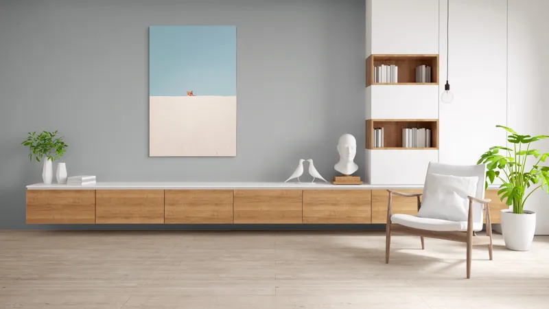 Tablou Canvas, "Pisica și peretele alb curat", Pisică, Curioasă, Zid, Cer, Minimalism, Contrast, Simplu, Solitar, Observator, Blândețe, 100 x 150 cm – poza 8