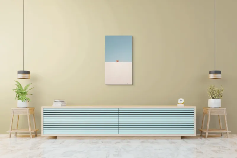 Tablou Canvas, "Pisica și peretele alb curat", Pisică, Curioasă, Zid, Cer, Minimalism, Contrast, Simplu, Solitar, Observator, Blândețe, 50 x 90 cm – poza 6