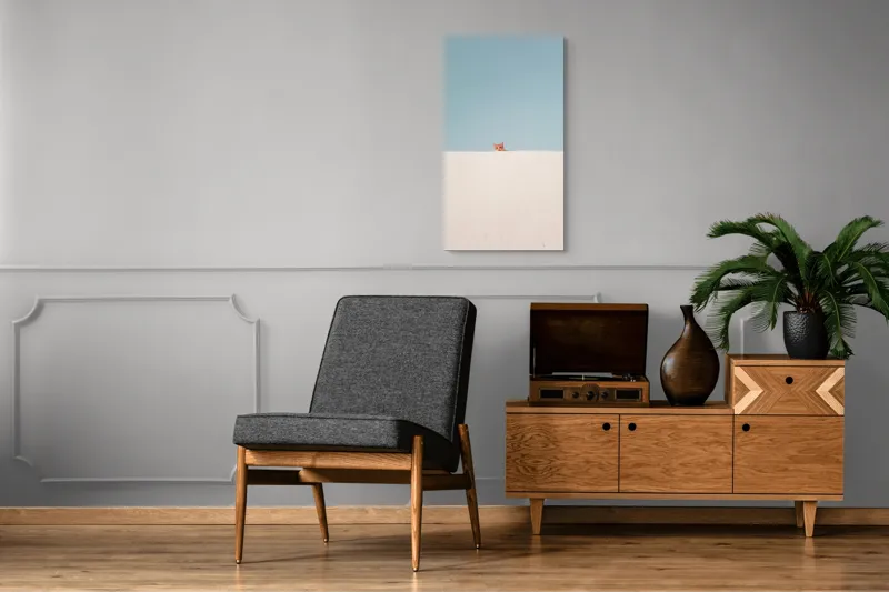 Tablou Canvas, "Pisica și peretele alb curat", Pisică, Curioasă, Zid, Cer, Minimalism, Contrast, Simplu, Solitar, Observator, Blândețe, 50 x 90 cm – poza 8