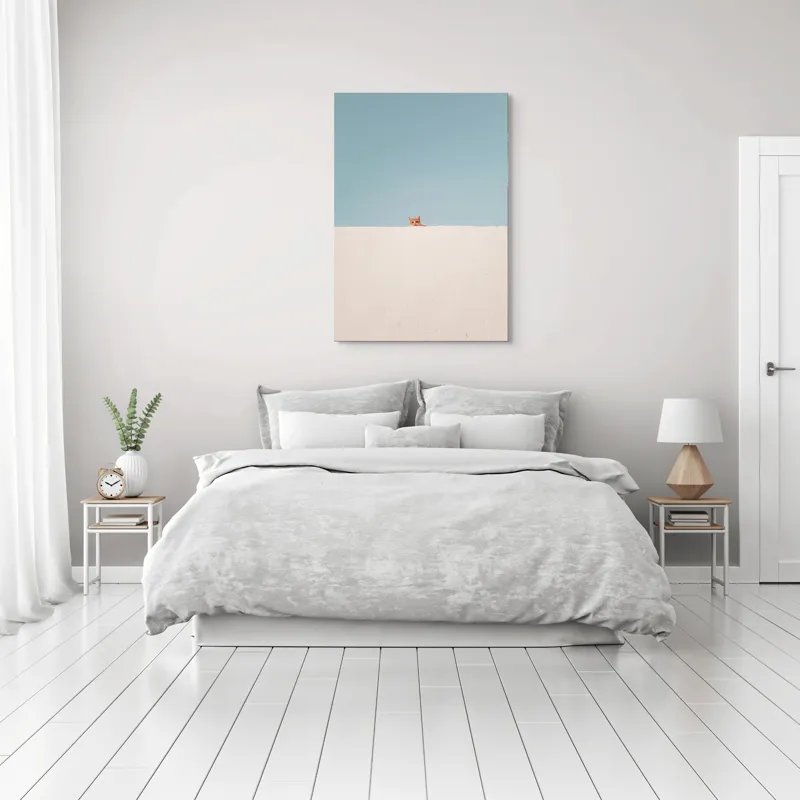 Tablou Canvas, "Pisica și peretele alb curat", Pisică, Curioasă, Zid, Cer, Minimalism, Contrast, Simplu, Solitar, Observator, Blândețe, 70 x 100 cm – poza 3