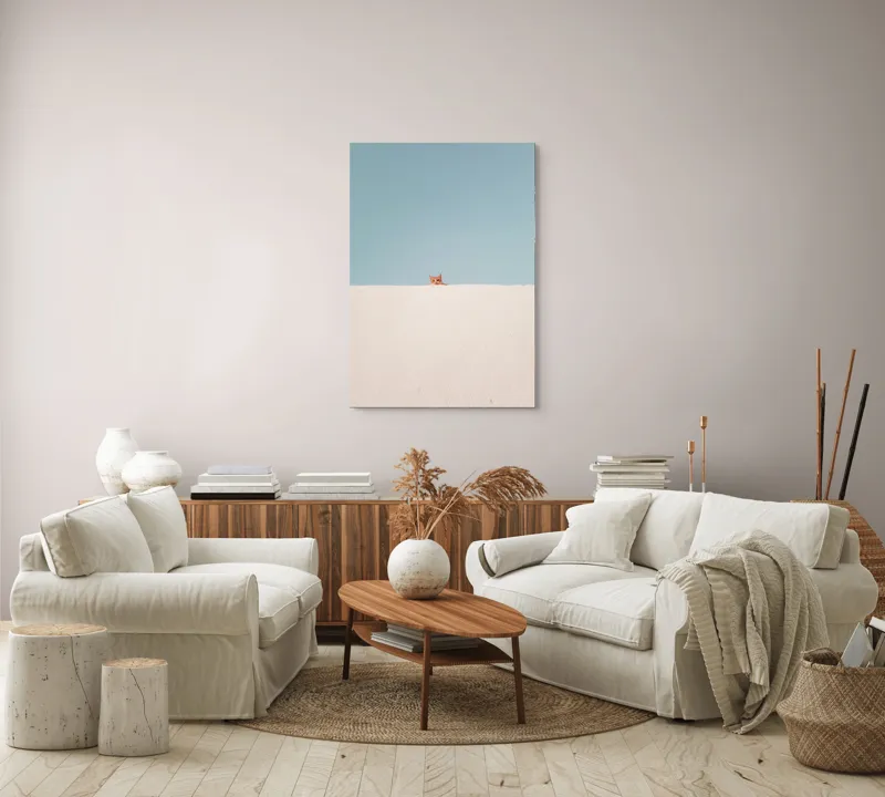 Tablou Canvas, "Pisica și peretele alb curat", Pisică, Curioasă, Zid, Cer, Minimalism, Contrast, Simplu, Solitar, Observator, Blândețe, 70 x 100 cm – poza 4